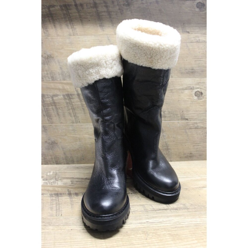 Mark Fisher women's sheepskin trim leather fold‎ over top chunky lug sole boots